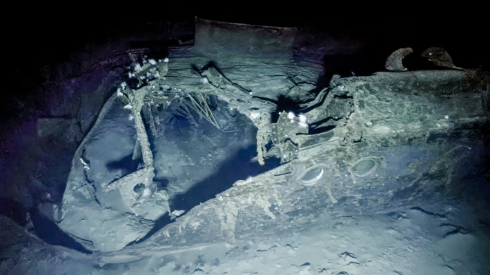 An underwater image showing the severe fire damage suffered by the Imperial Japanese Navy aircraft carrier Kaga during the Battle of Midway. (Ocean Exploration Trust, NOAA)
