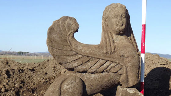 Another wealthy tomb, excavated in 2012 near the “Tomb of the Silver Hands,” contained this spectacular stone figure of a sphinx. (Marco Merola)