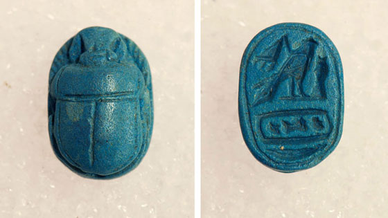 The “Tomb of the Sphinx” also contained a blue faience scarab dating from sometime in the 25th or 26th Dynasty (746-525 B.C.). The Etruscans were particularly fond of Egyptian objects, many of which are found in tombs in this and other Etruscan tombs. (Marco Merola)