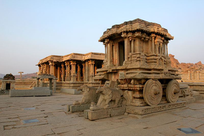 A shrine, in the form of a wheeled chariot, to Garuda, a mythical bird-like creature, in Hampi’s Vitthala Temple complex 