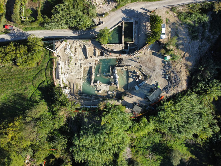 Aerial view of the thermal baths and sanctuary at San Casciano dei Bagni