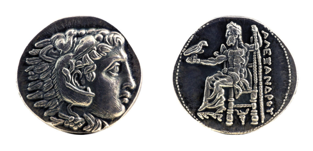 silver tetradrachm depicts Alexander on the front and the Greek god Zeus with Alexander's name on the back.