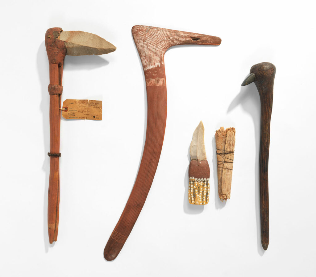 Ngurrulumuru (fighting pick), Wartilykirri (hooked ‘number seven’ boomerang), Marttan (knife) and Murkutu (sheath), and Kupija (adze)