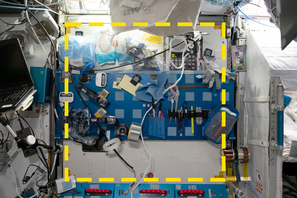 A sample site from the Sampling Quadrangle Assemblages Research Experiment (SQuARE) in the starboard servicing area of ​​the International Space Station