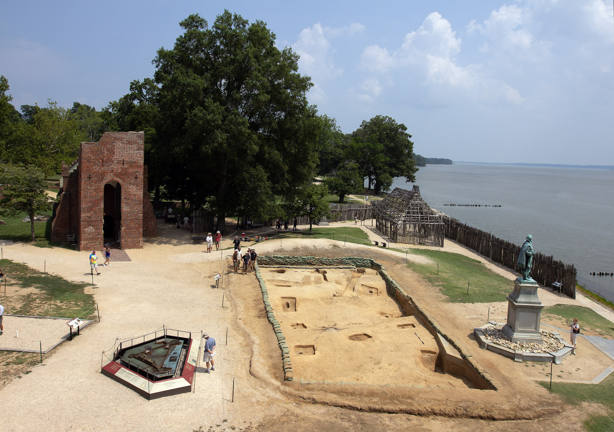 Excavation of the fort’s 1608 Church showing structural posts and four chancel burial outlines