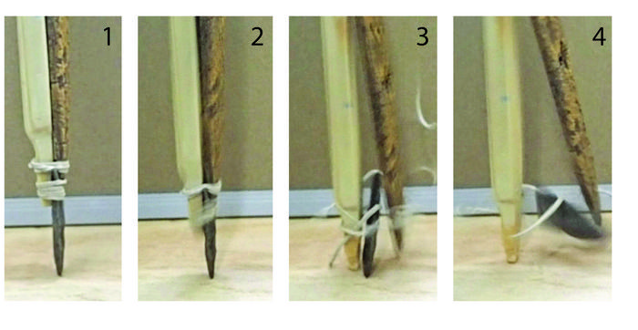 High-speed photo sequence during a test of stone point hafted to a shaft