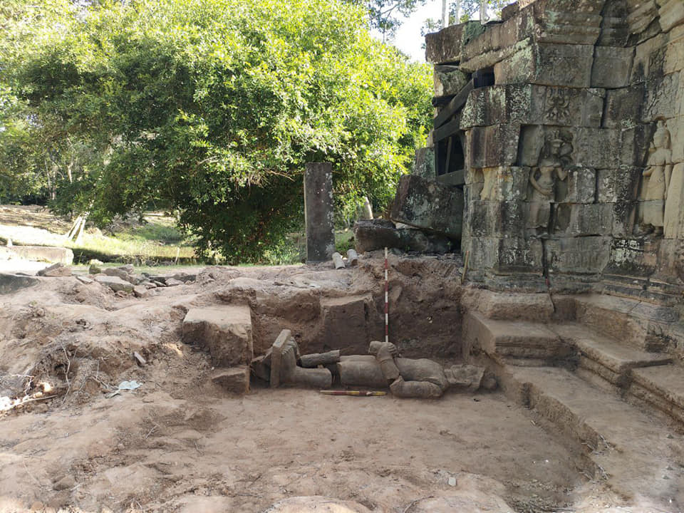 Door guardian sculpture in situ, Angkor, Cambodia