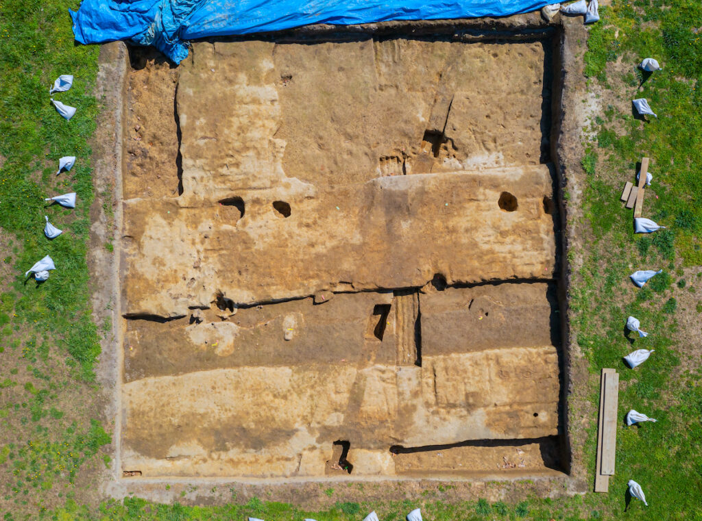 Aerial view of excavations at the Custis Square site