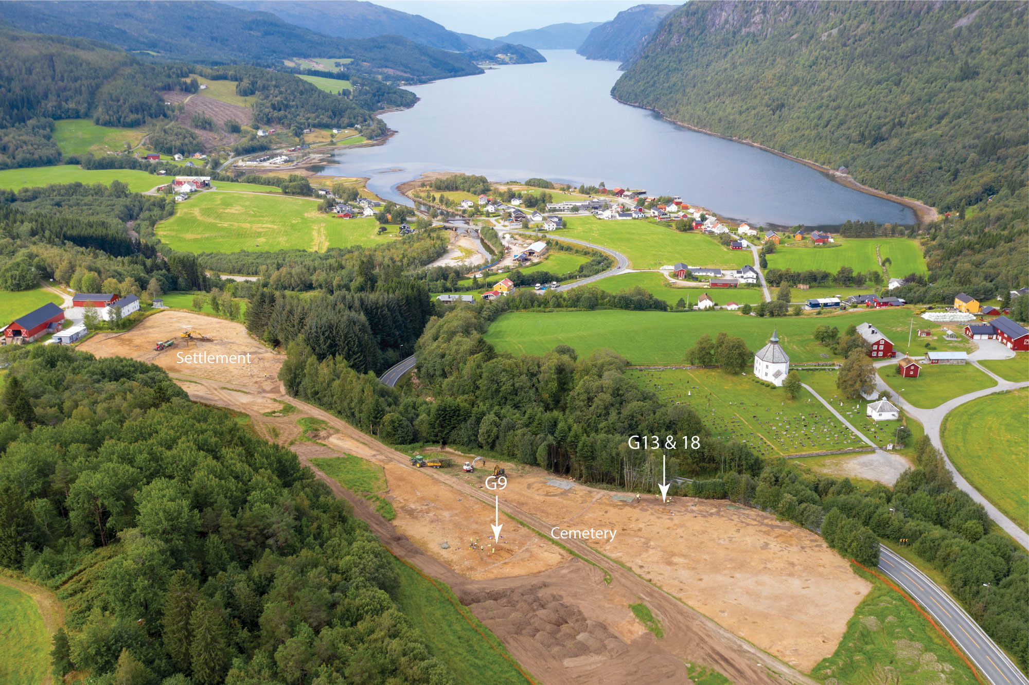 Aerial photo of cemetery and village of Vinjeora, Norway