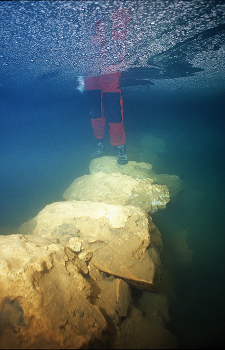 Submerged stone bridge in Genovesa Cave, Mallorca, Spain