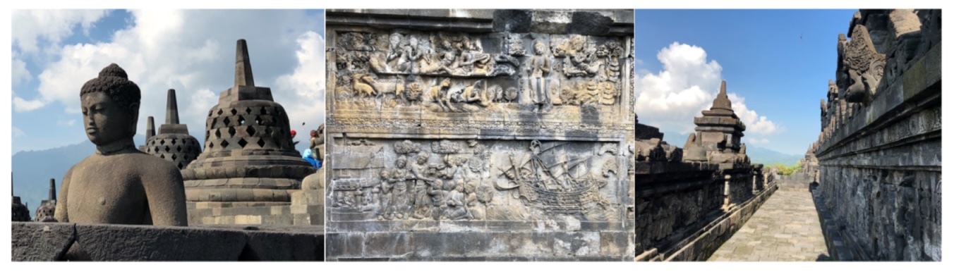 Buddha statue, relief, and corridor, Borobudur Temple, Indonesia