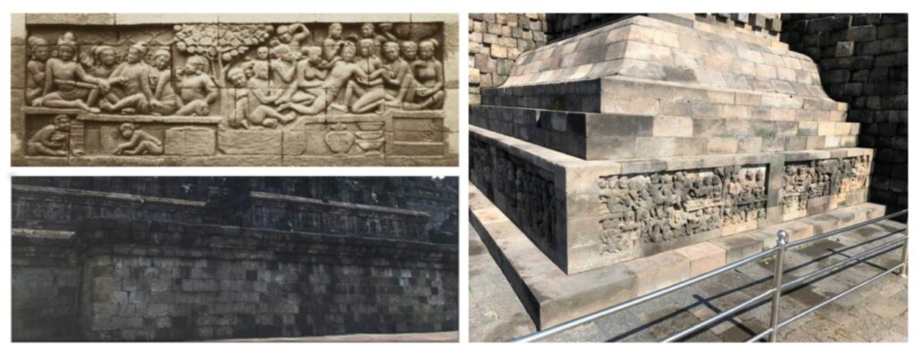 19th-century archive photo of a relief panel (top left) now hidden by a stone wall (above left) at Indonesia's Borobudur Temple. A few relief panels from this section (above right) are still visible.