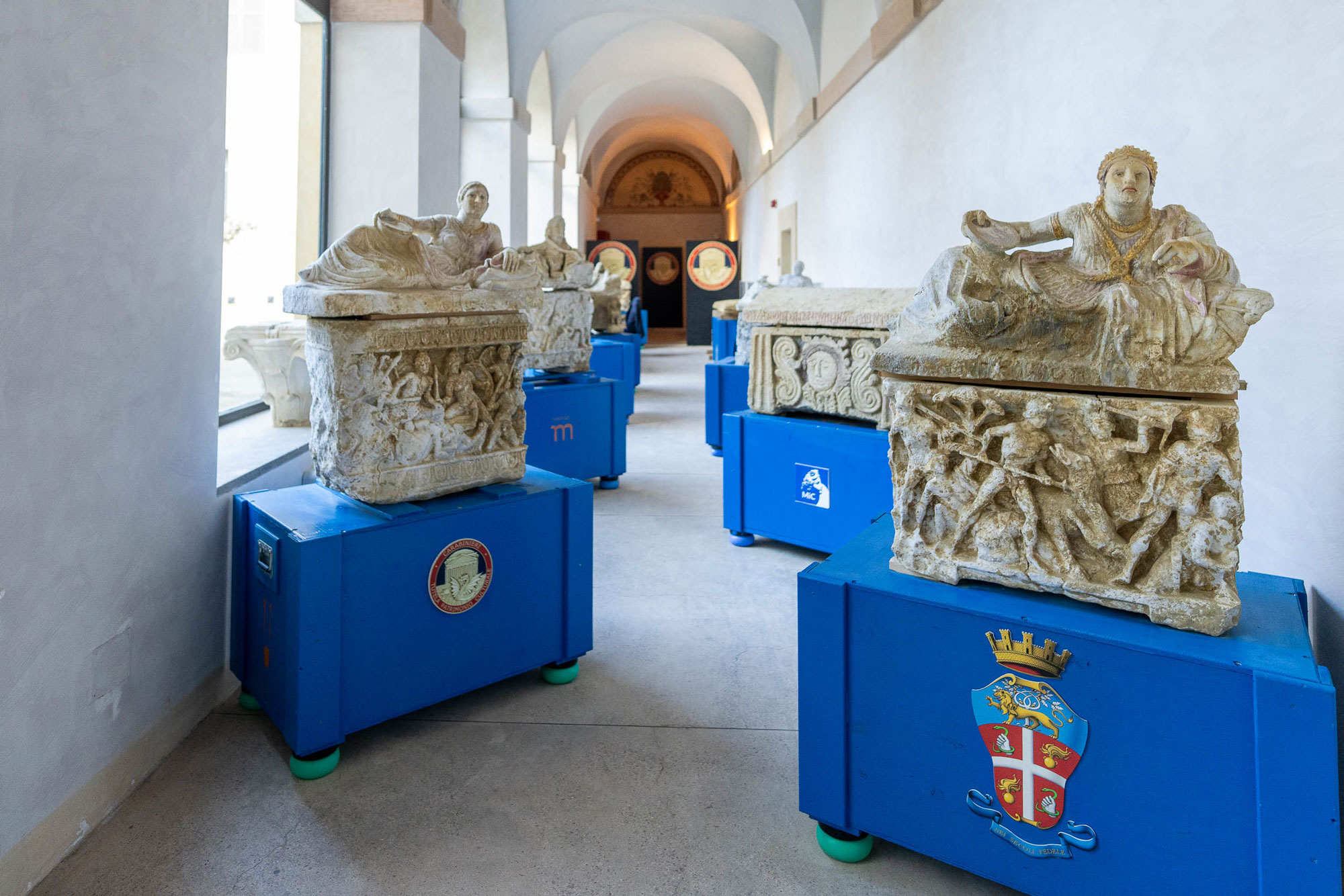 Looted Etruscan urns recovered by the Carabinieri Command for the Protection of Cultural Heritage