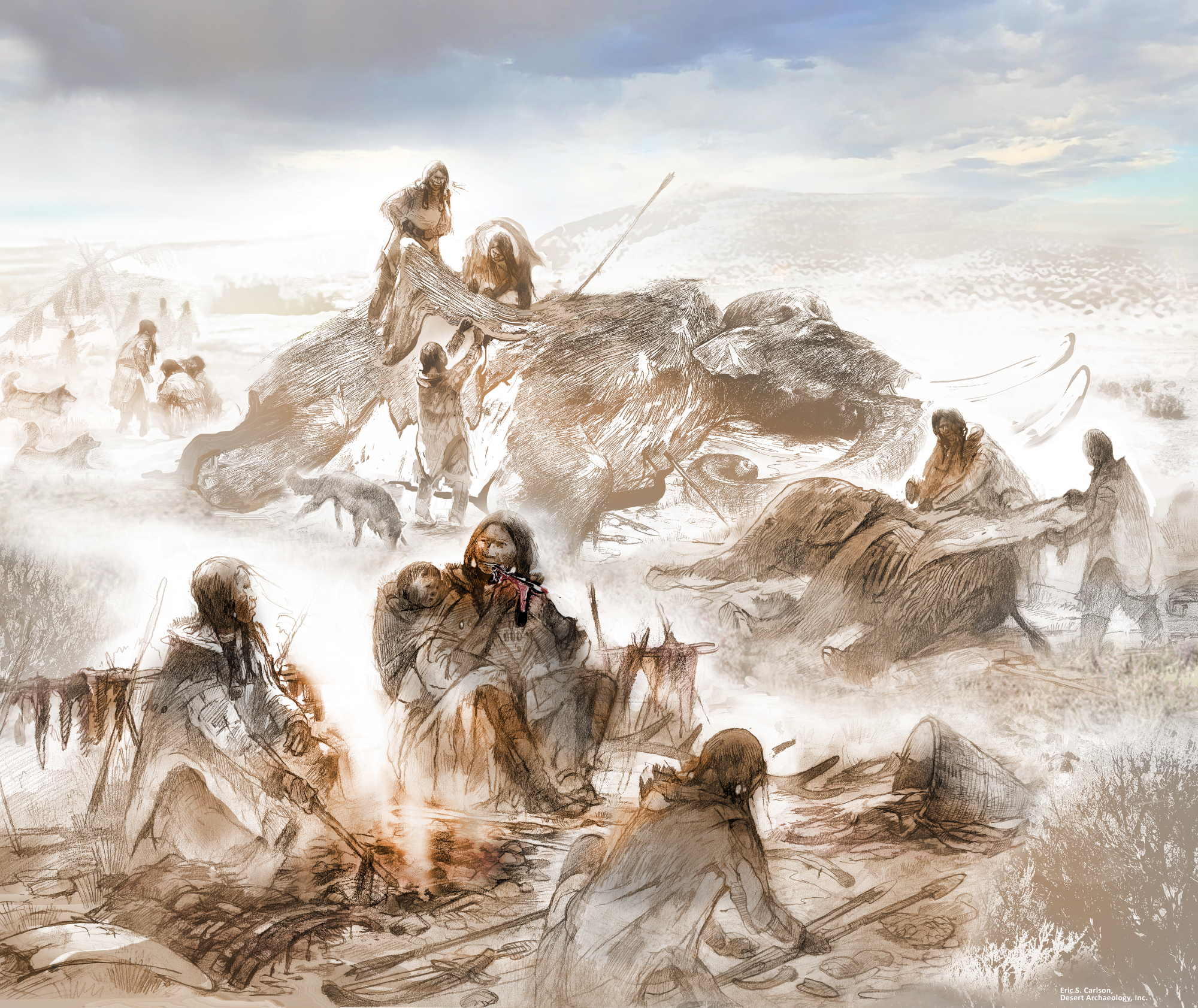 Artist's reconstruction of Clovie life at Anzick-1 13,000 years ago