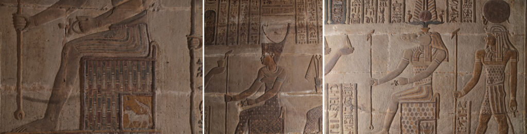 Images of various gods on the walls of the entrance hall, including (left to right) Khnum seated on a throne at the bottom of which is a ram with a solar disk on its head; the creator goddess Neith; and Neith’s sons, Shemanefer and Tutu