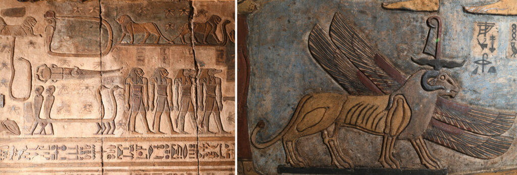 Relief (left) depicting an eight-legged hybrid human figure with goose and human heads identified by an inscription as the two geese of Ra. (right) A winged lion with a ram’s head represents the south wind