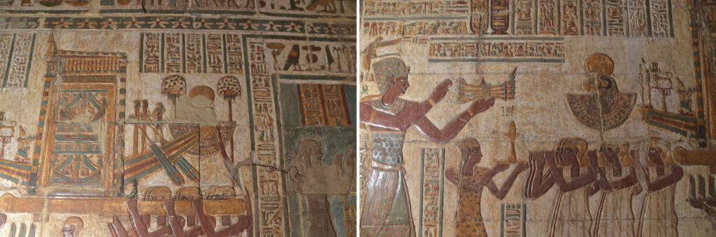 Relief image (left) depicting a ritual honoring Khnum, with priests carrying the god’s shrine on a solar boat. (right) Scene showing the emperor Trajan presenting incense and a priest offering a potter’s wheel to Khnum