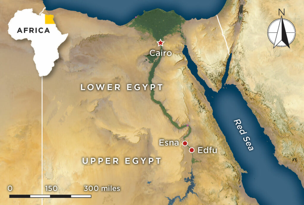 Map of Lower and Upper Egypt with points for Cairo, Esna, and Edfu