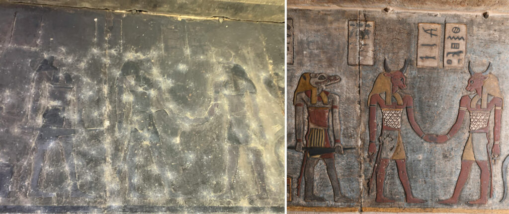 Reliefs depicting two of the Seven Arrows shown before and after cleaning