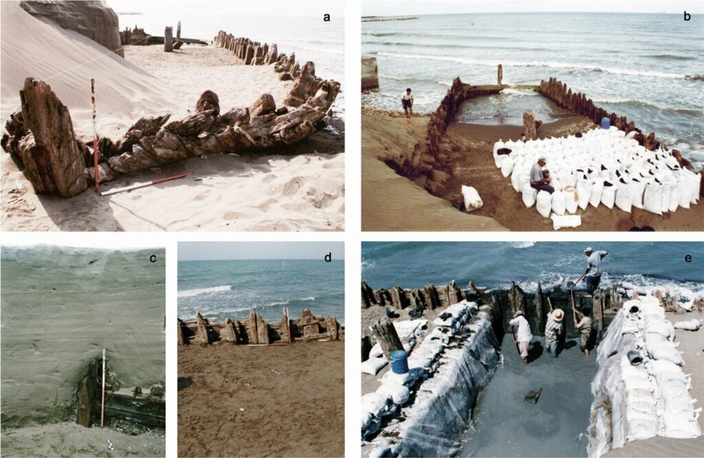 a. Shipwreck partially covered by the sand dune; b. preparation of the sandbag to shield the wreck from wave erosion; c. the volume of different layers of sediment and sand on the shipwreck; d. location of the excavation workshop before digging; e. excavation in progress