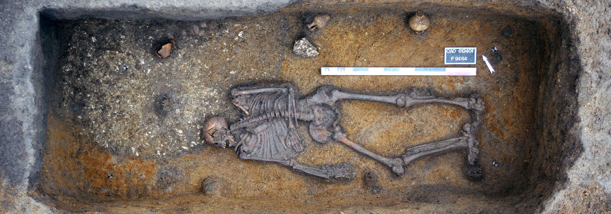 Excavated grave of a man buried with jars of food offerings, Orléans, France