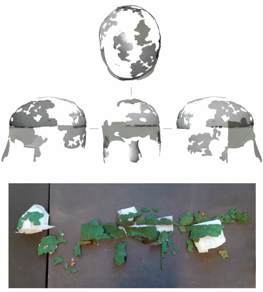 Reconstruction of Iron Age helmet (top) from copper alloy fragments (above) found in the hoard