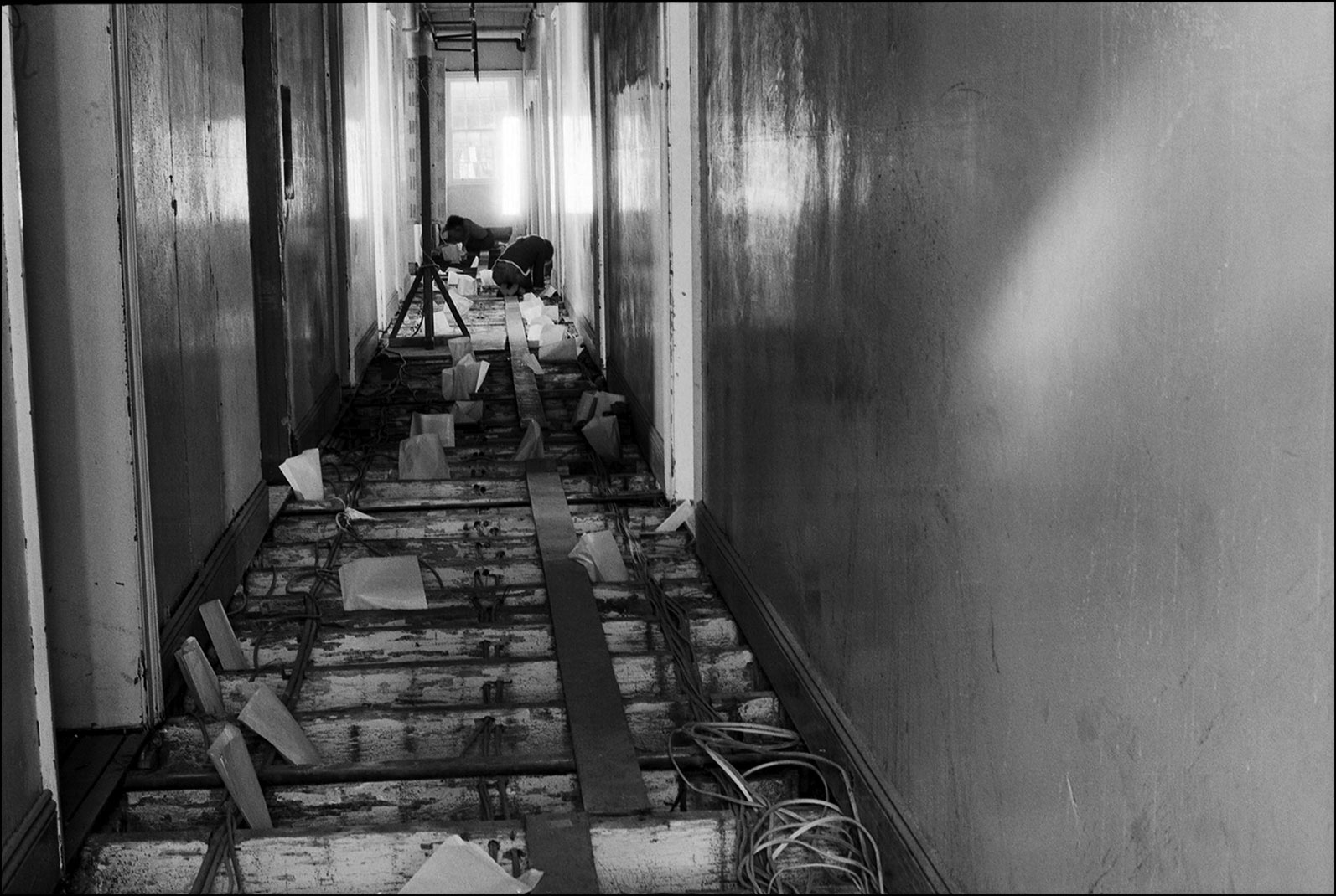 Excavation of underfloor deposits at Hyde Park Barracks in 1980–1981 showing the system of joists beneath the floorboards