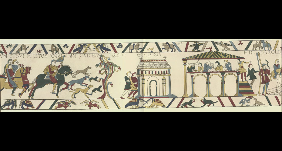 Scene from the Bayeux Tapestry showing King Harold riding to Bosham