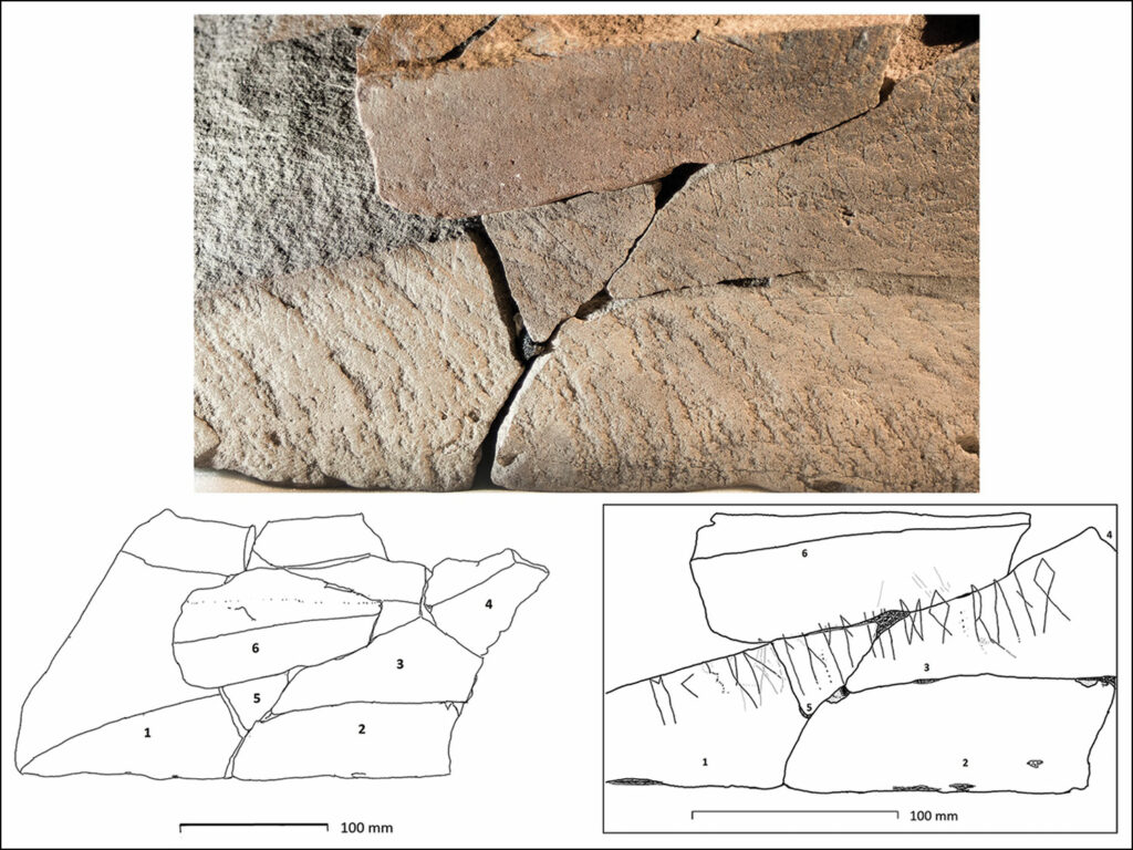 Reconstruction of the stone fragments (top) and the runic inscription (above) inscribed on it