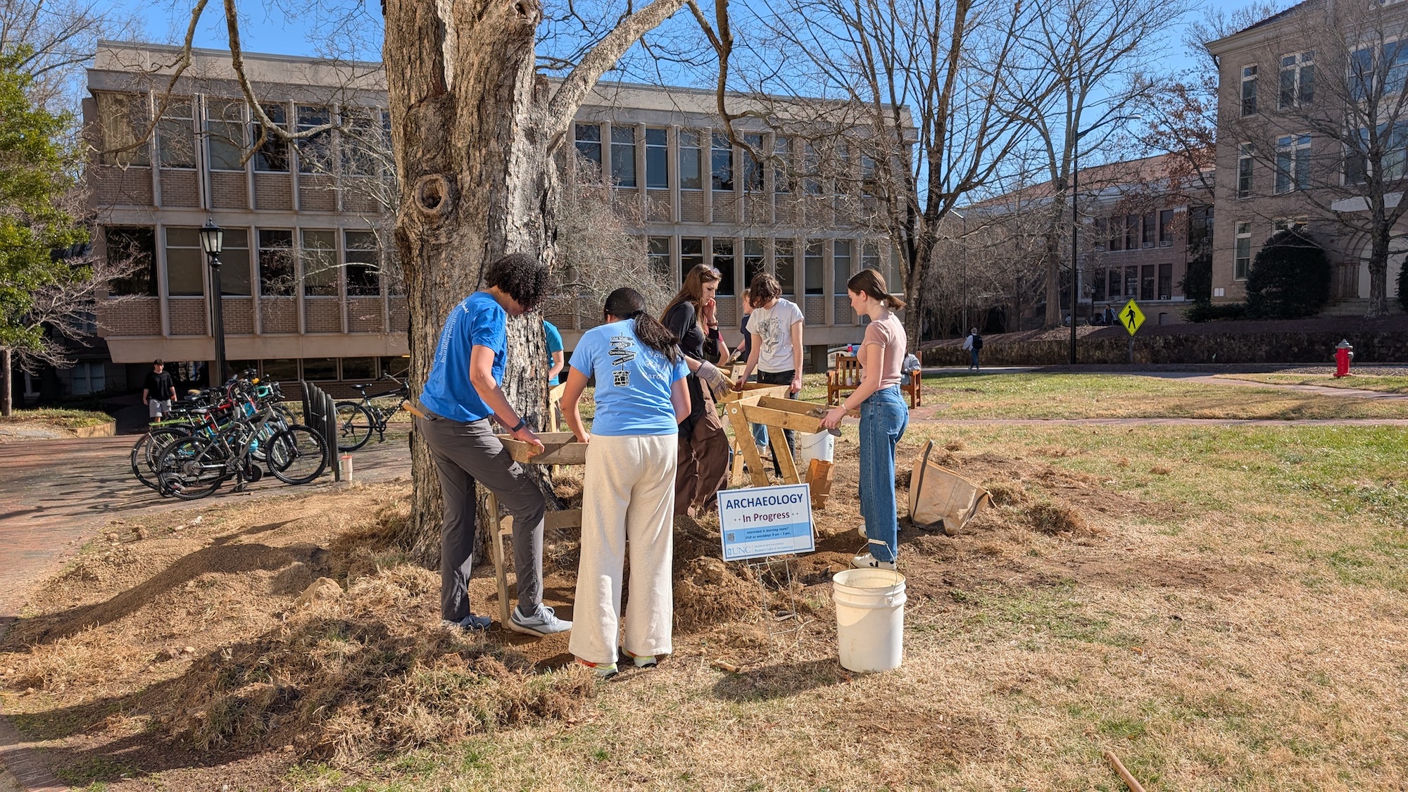 Archaeologists excavate at the site of Steward's Hall on the UNC Chapel Hill campus, Chapel Hill, North Carolina