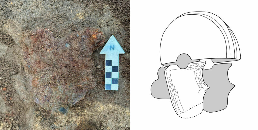 Cheek plate in situ (left) and in a reconstruction drawing (right) of the Roman helmet excavated at Løsning Søndermark, Denmark