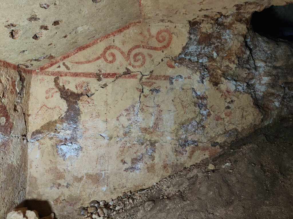 Painting on the back wall of the tomb, Tarquinia, Italy