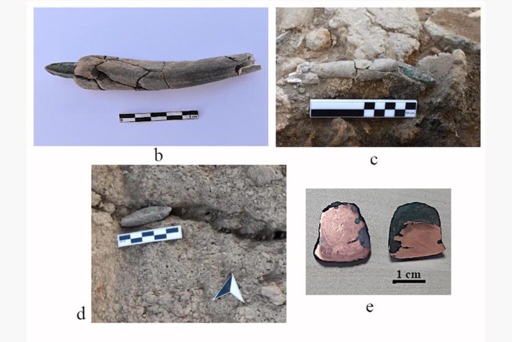 Copper blades and a copper object recovered from Gre Filla, Turkey