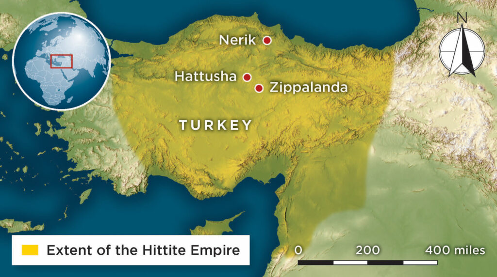 Map showing extent of the Hittite Empire with map points for Nerik, Hattusha, and Zippalanda