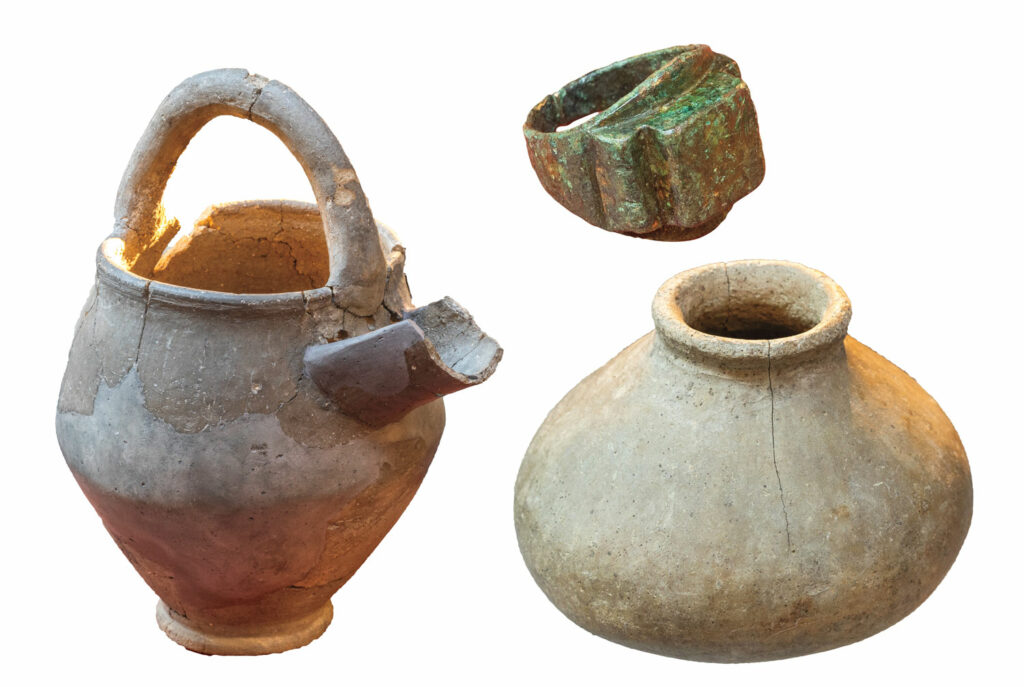 Pottery pitcher, bronze ring, ceramic jar