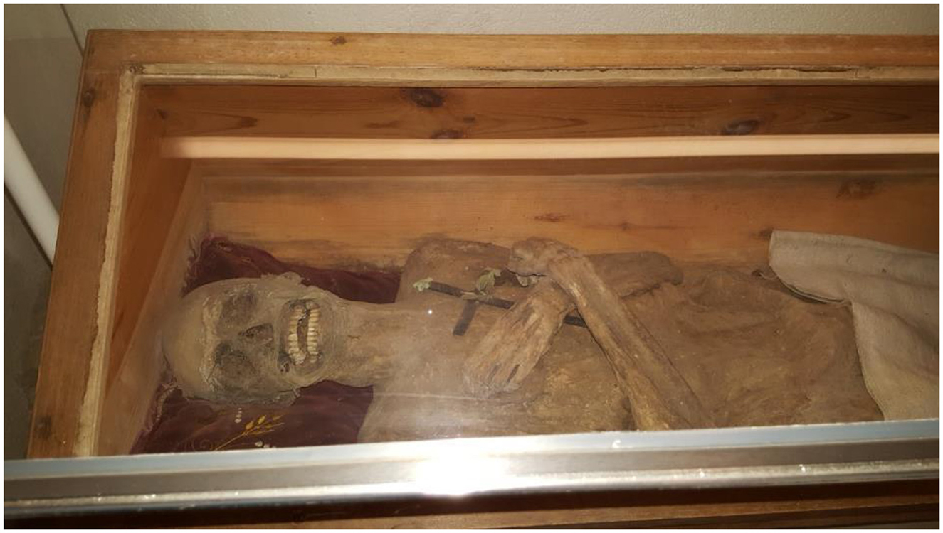 Mummy of the “air-dried chaplain” in his coffin in the church crypt of St. Thomas am Blasenstein, Austria