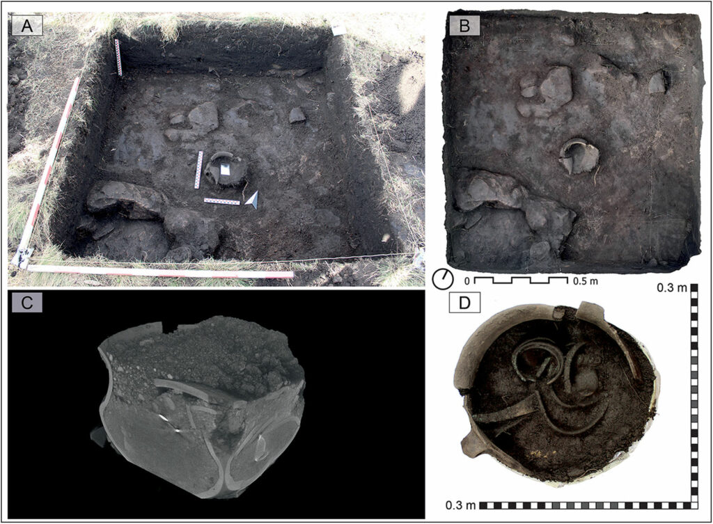 A. Excavation pit around Hoard V; B. Photogrammetric representation of the in situ hoard; C. CT inspection of the assemblage; D. Contents of the hoard during excavation