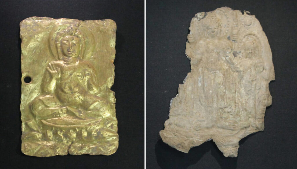 Gold (left) and lead-tin alloy (right) plaques depicting Buddha