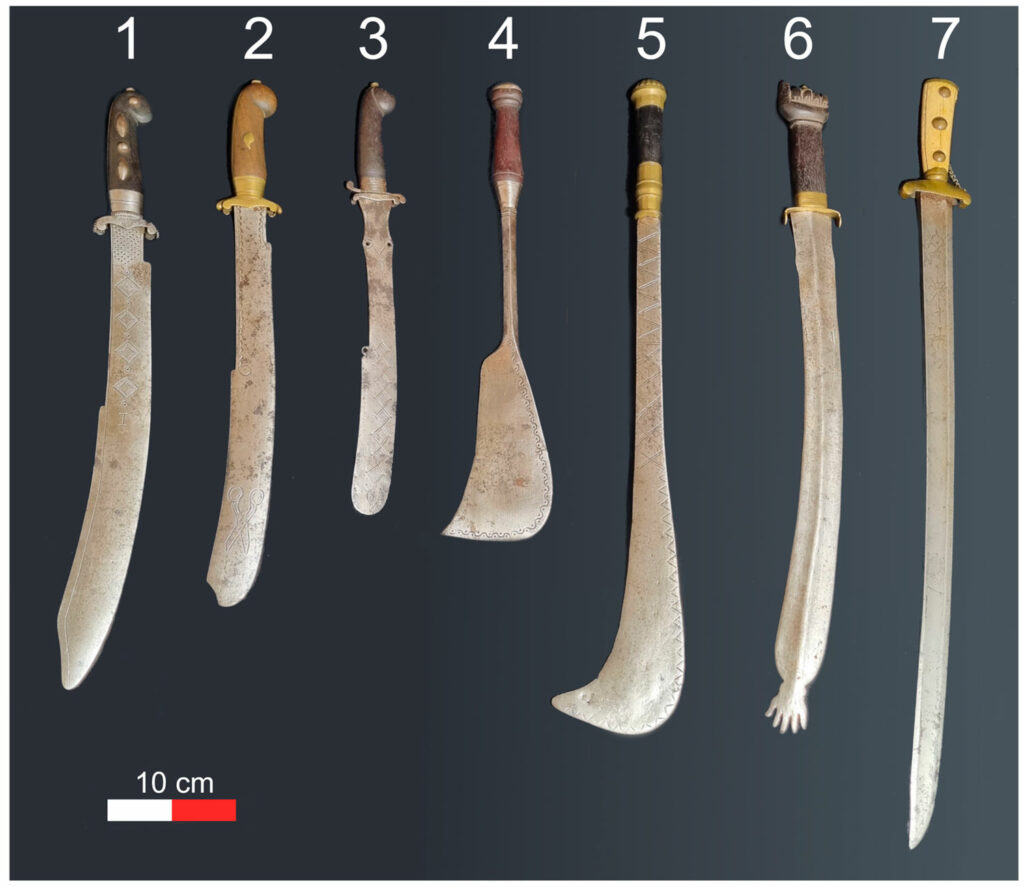 Dahomean swords (1–6) and a European cutlass (7)