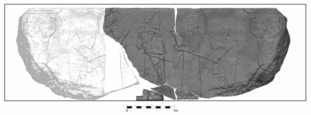 3D model of the relief depicting (left to right) the god Ashur, King Ashurbanipal, and the goddess Ishtar