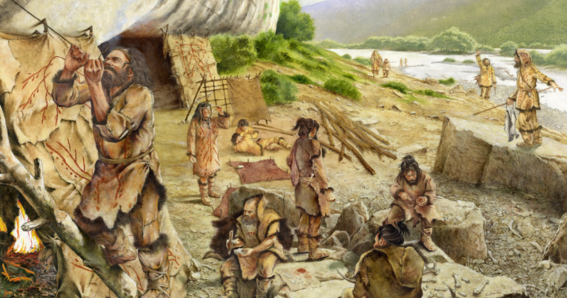 Reconstruction drawing of the Paleolithic burial at Riparo Tagliente, Italy