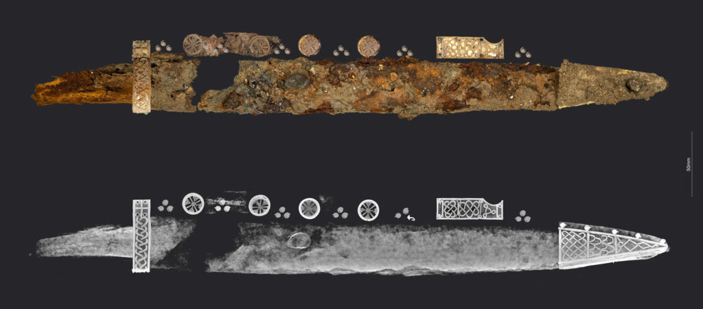Sword (top) and X-ray image of the sword (above) revealing its decoration