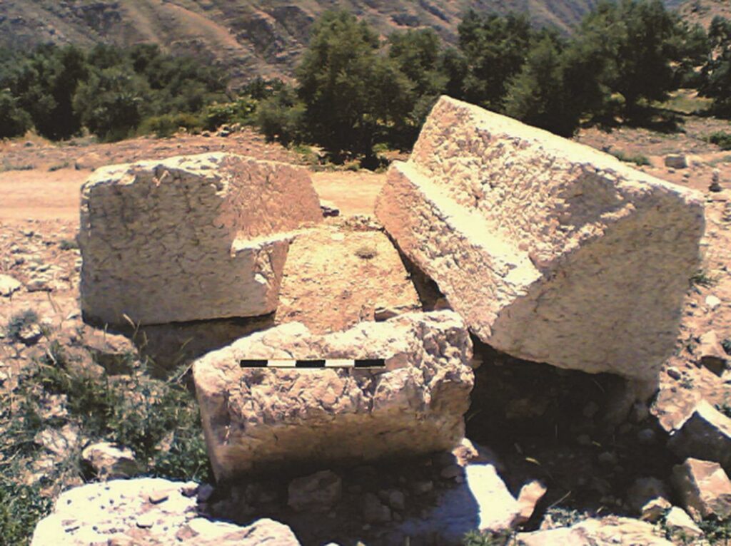 Stones from the main entrance of the Byzantine church at the possible site of Tharais, El-'Iraq, Jordan