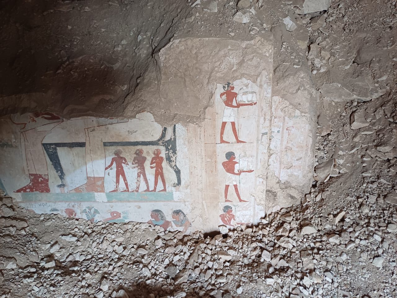 Fragmentary painting on the wall of a tomb in the Dra Abu el-Naga necropolis, Luxor, Egypt