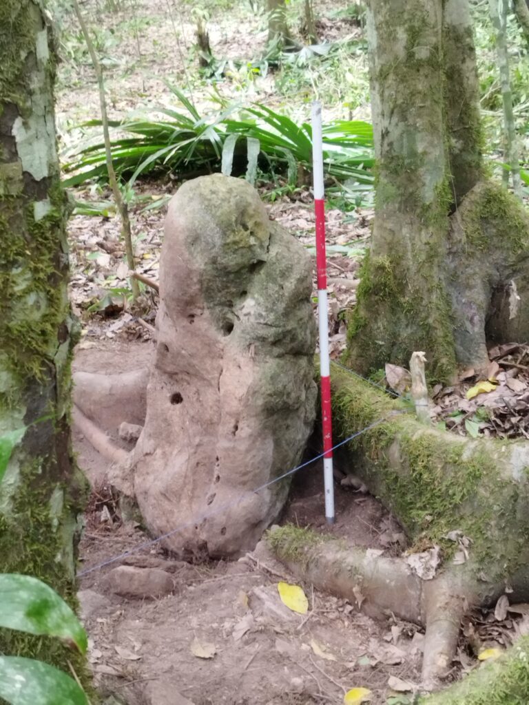 Maya stone ancestor sculpture at the site of Los Abuelos, Petén, Guatemala