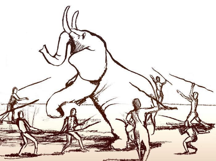 Illustration of hominins hunting elephants with spears
