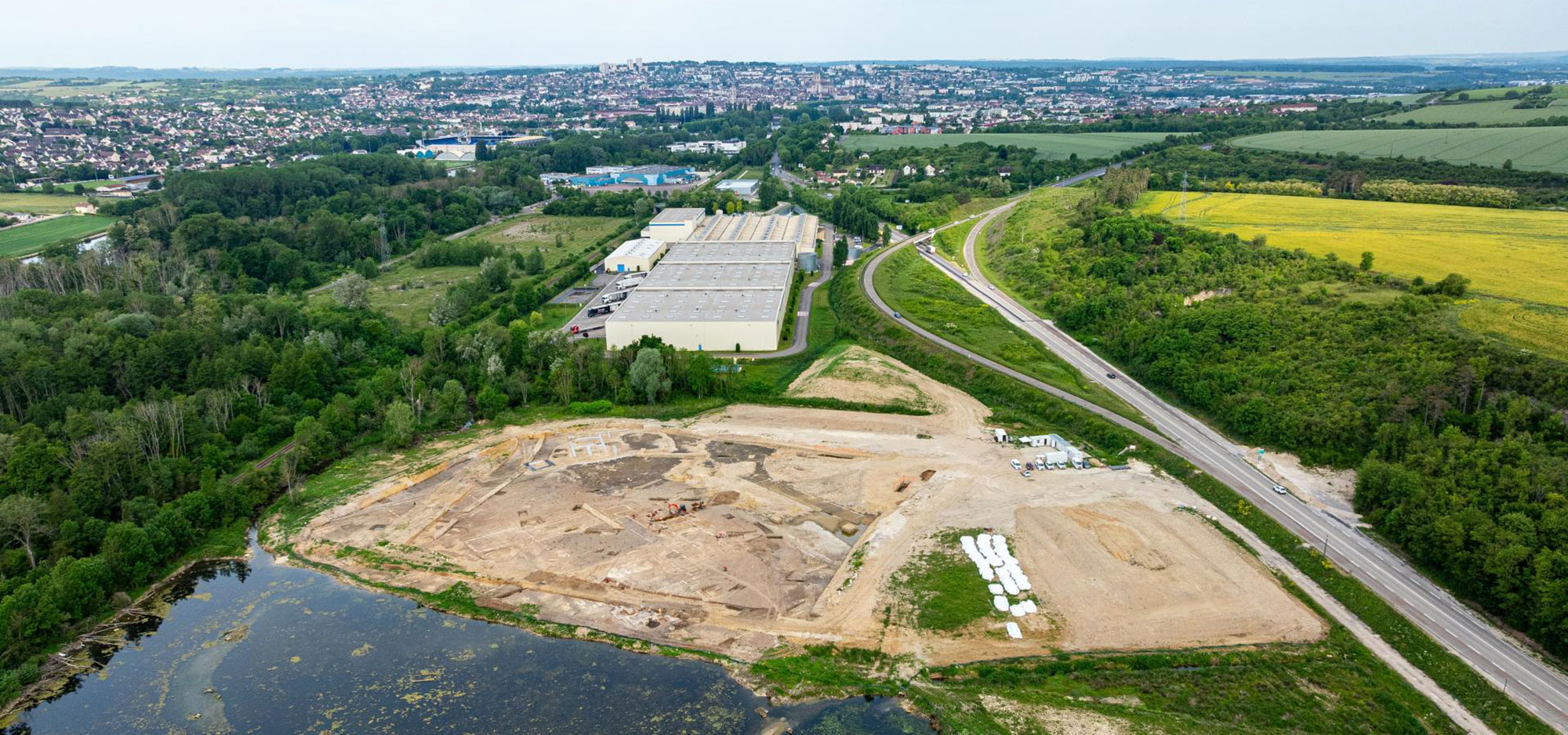 Aerial photo of the Roman villa site known as Sainte-Nitasse, with the town of Auxerre in the background