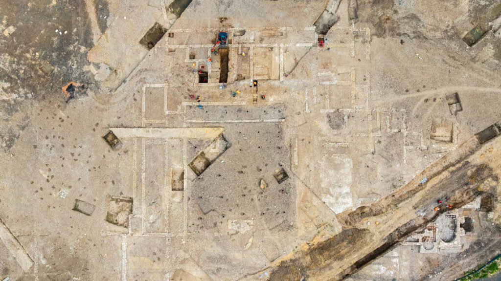 Aerial photo of excavations of the Roman villa site south of Auxerre, France