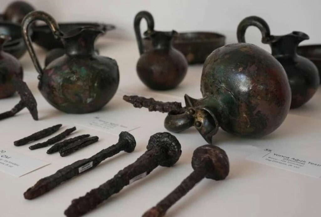 Metal vessels and nails recovered from royal tomb in Gordion, Turkey