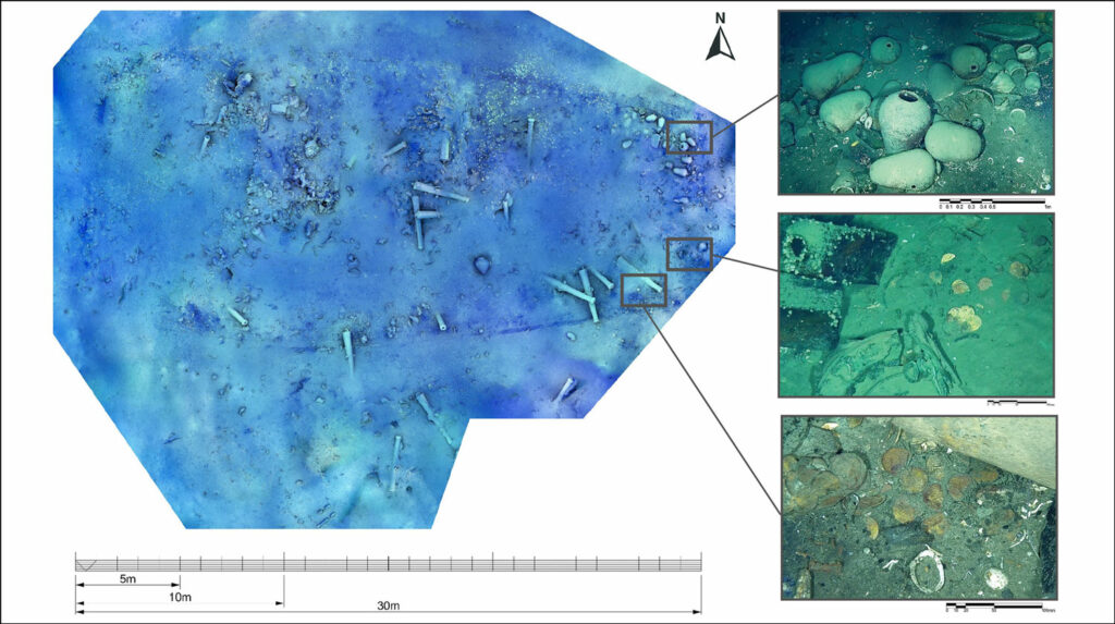 Archaeologists found three areas of cob hoards on the port and starboard sides of the wreck's stern section, surrounded by other artifacts from the ship's cargo.